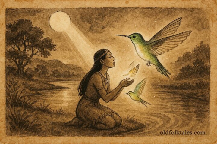 An illustration of an Arawak maiden transforming into a hummingbird under the moonlight, Lokono folktale.