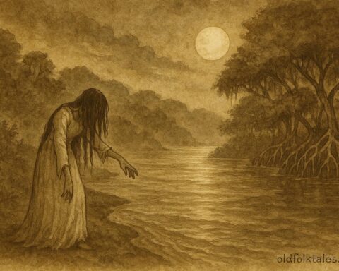 Parchment-style artwork of La Llorona weeping beside a moonlit Belizean river.