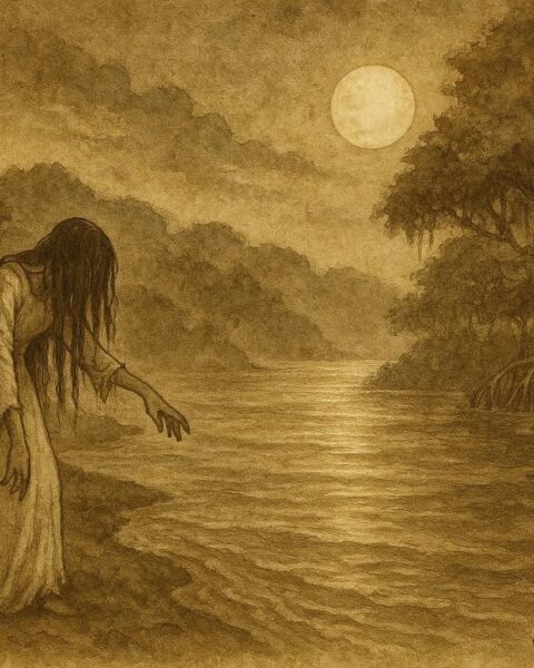 Parchment-style artwork of La Llorona weeping beside a moonlit Belizean river.