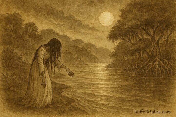 Parchment-style artwork of La Llorona weeping beside a moonlit Belizean river.