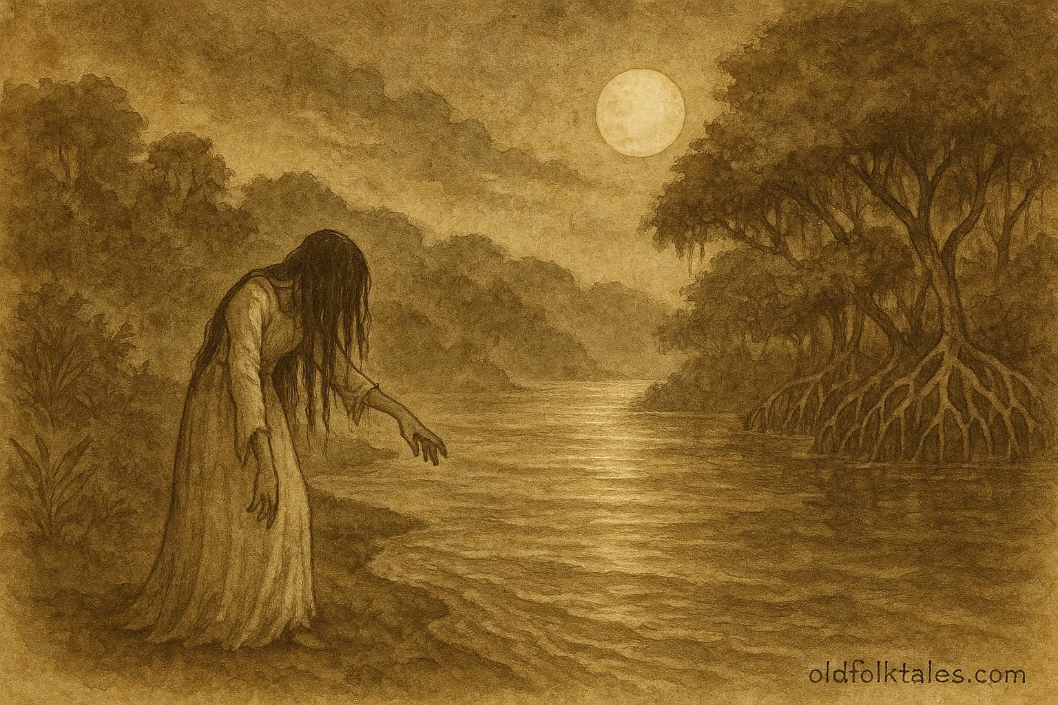 Parchment-style artwork of La Llorona weeping beside a moonlit Belizean river.