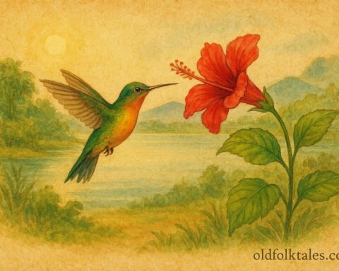 Parchment-style artwork of a hummingbird visiting a red flower by a Guatemalan lake, Mayan folktale scene.