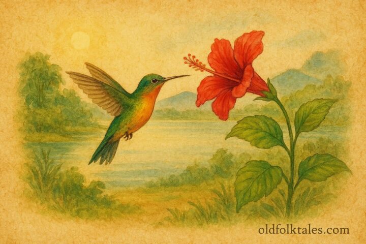 Parchment-style artwork of a hummingbird visiting a red flower by a Guatemalan lake, Mayan folktale scene.