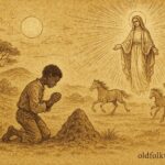 Parchment-style artwork of Negrinho do Pastoreio freed by divine light as horses return, Brazilian folktale scene.