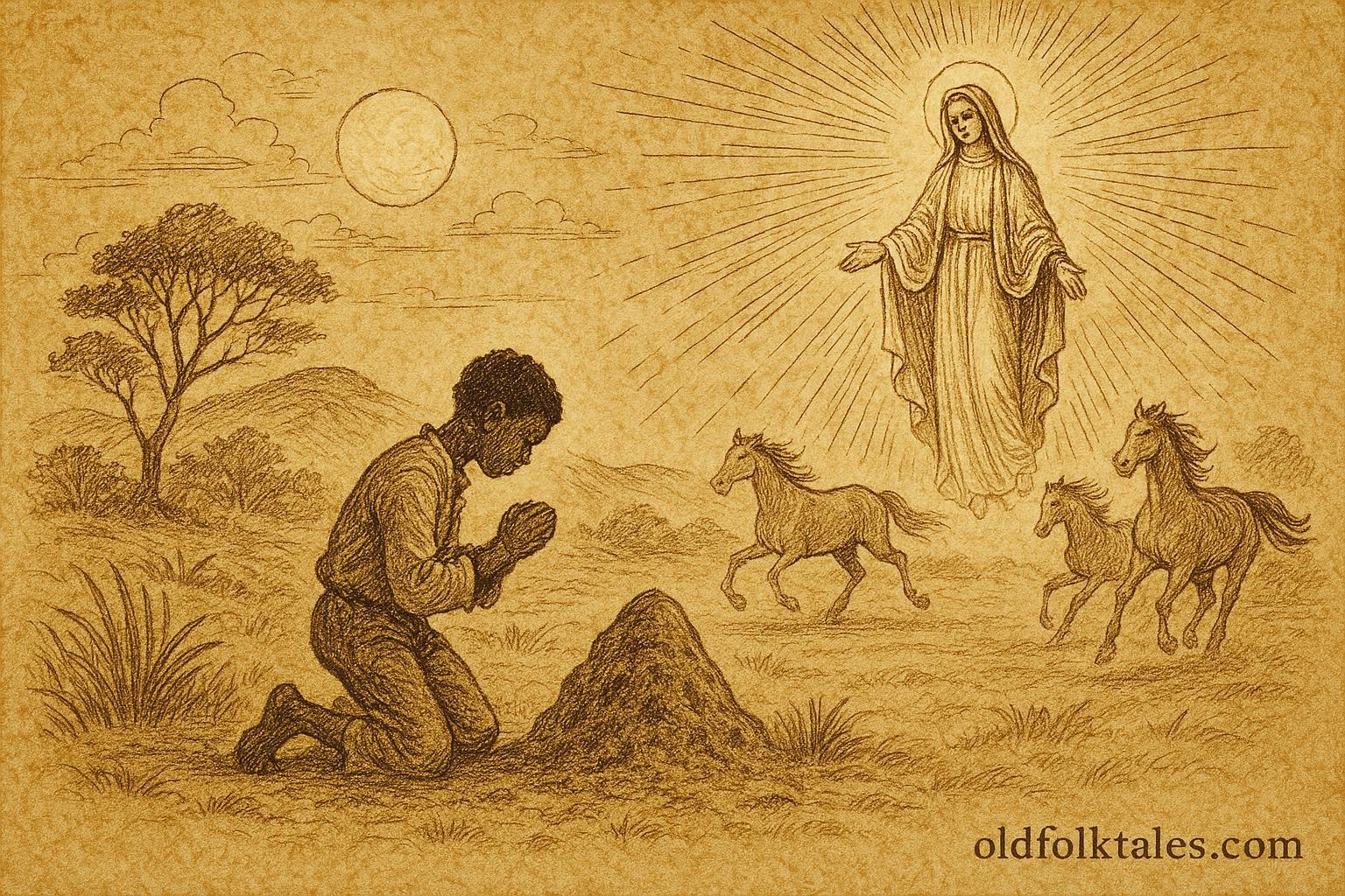Parchment-style artwork of Negrinho do Pastoreio freed by divine light as horses return, Brazilian folktale scene.
