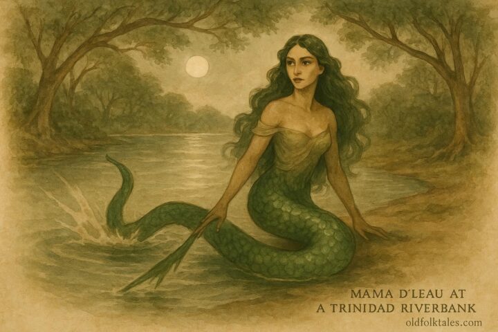 Parchment-style artwork of Mama D’Leau, Trinidad water spirit, by a riverbank with serpent tail.