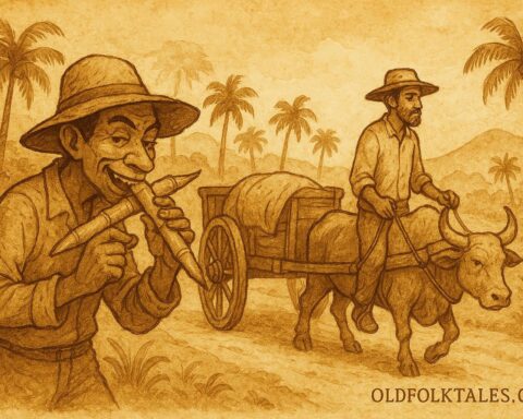 Parchment-style artwork of Ti Malice eating sugarcane behind Bouki’s cart, Haitian folktale scene