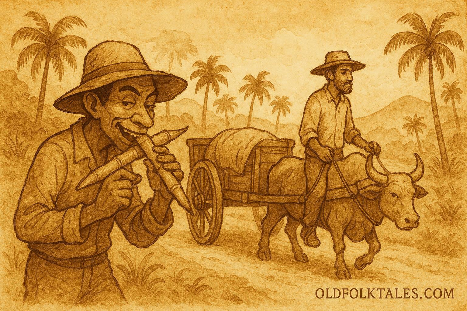 Parchment-style artwork of Ti Malice eating sugarcane behind Bouki’s cart, Haitian folktale scene