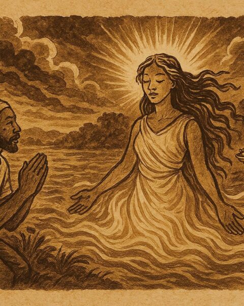 Parchment-style artwork of Tezin Nan Dlo, the radiant Haitian water spirit, appearing before Manman Dlo as villagers offer gifts beside the river.