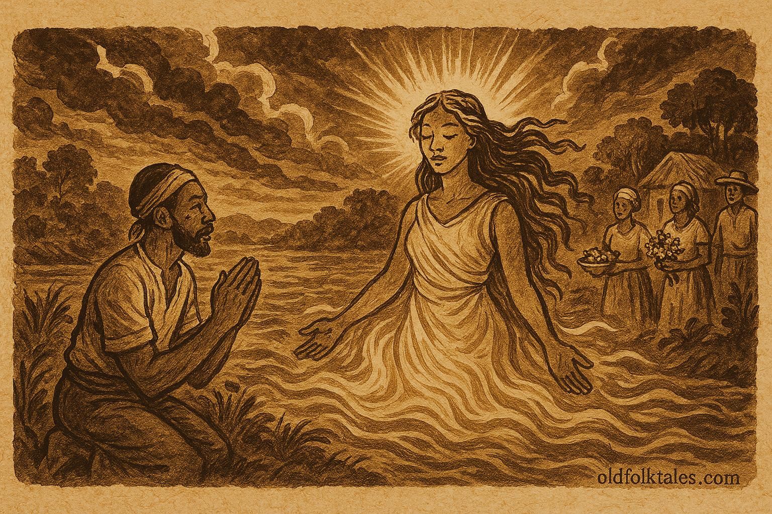 Parchment-style artwork of Tezin Nan Dlo, the radiant Haitian water spirit, appearing before Manman Dlo as villagers offer gifts beside the river.