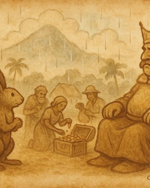 Parchment-style artwork of Compère Lapin bringing rain to the village, Caribbean folktale scene.