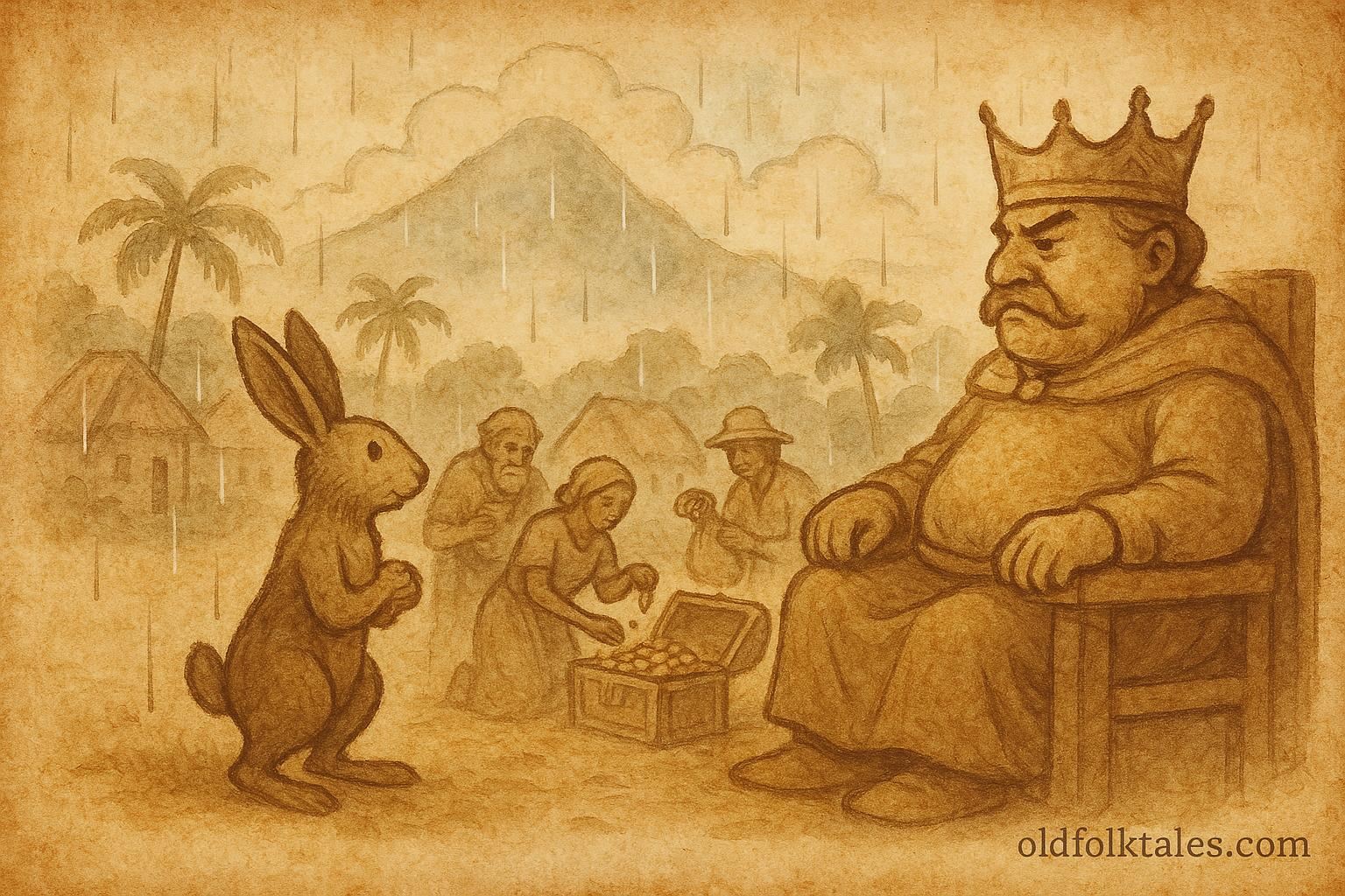Parchment-style artwork of Compère Lapin bringing rain to the village, Caribbean folktale scene.