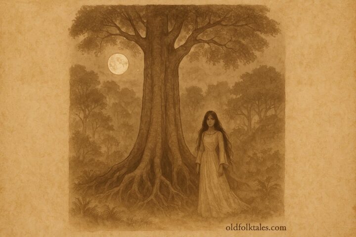 Parchment-style artwork of the Xtabai under a silk cotton tree in Belizean folklore.