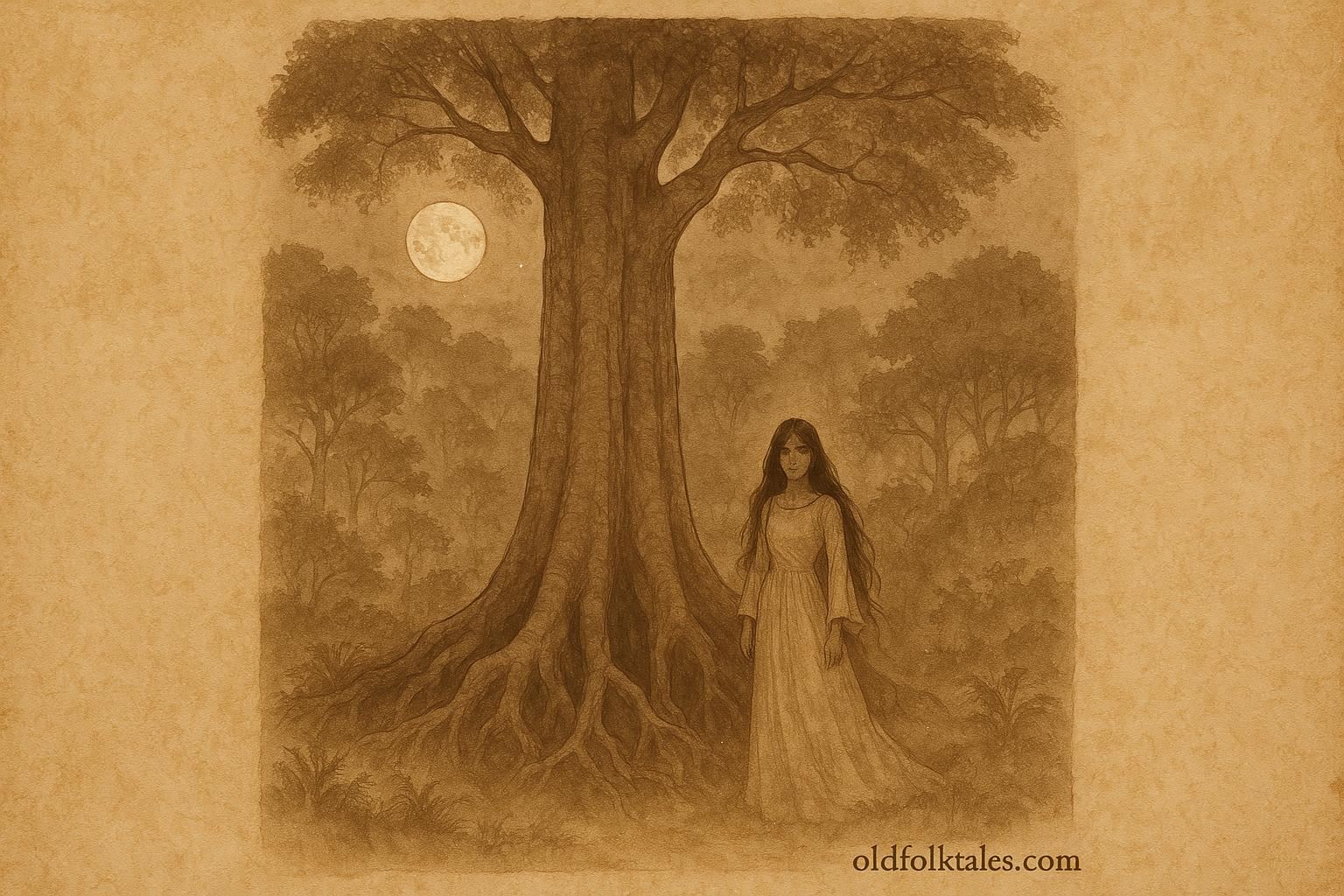 Parchment-style artwork of the Xtabai under a silk cotton tree in Belizean folklore.