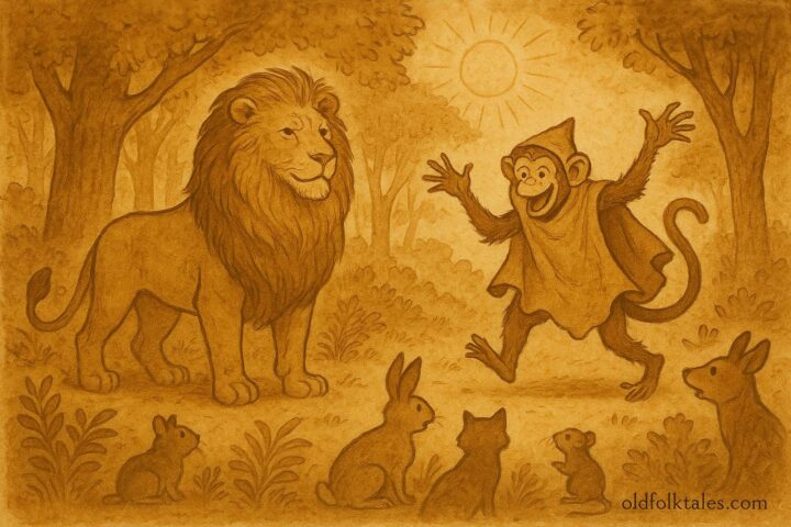 Parchment-style artwork of King Lion and Monkey in a forest scene, American folktale from Jamaica.