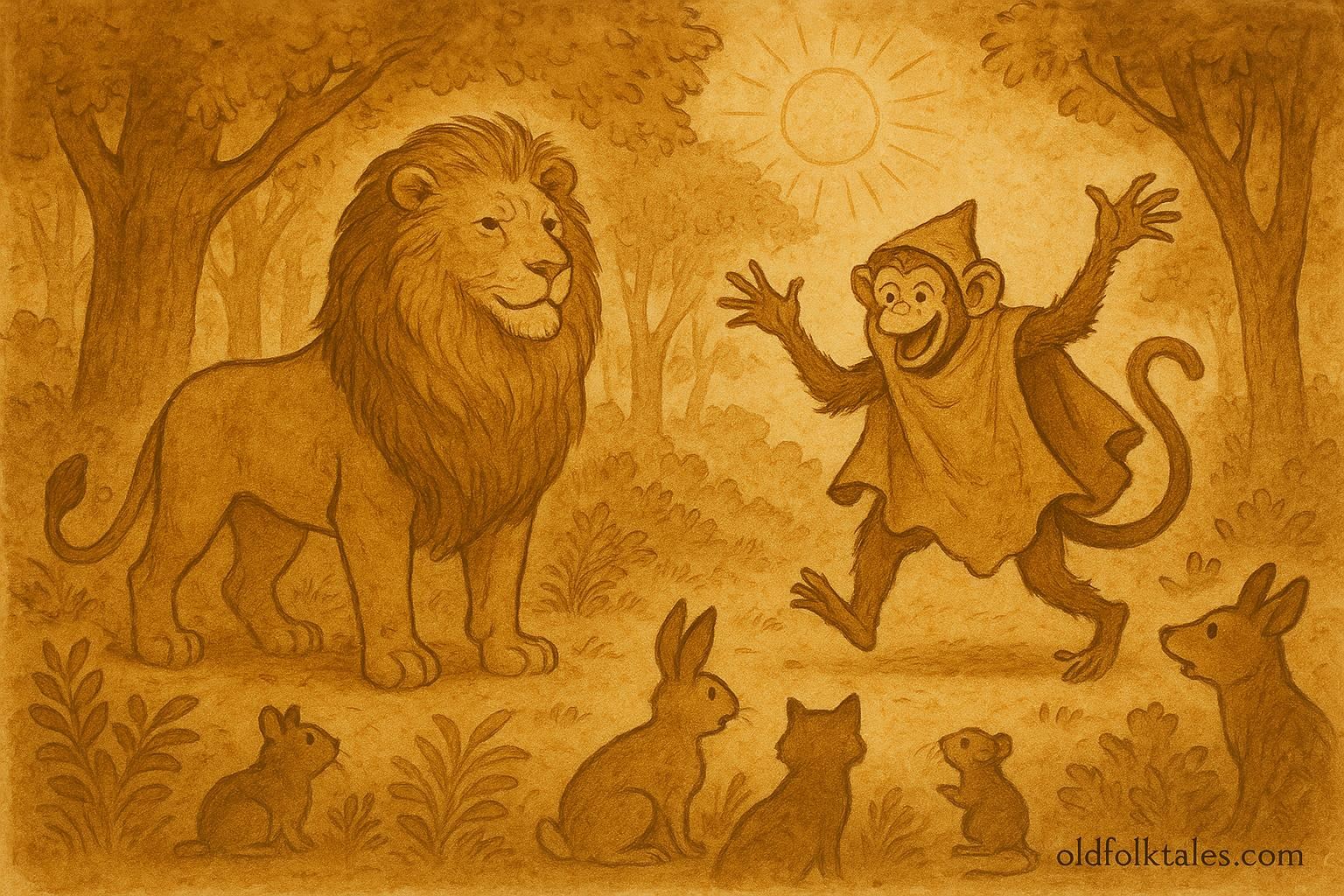 Parchment-style artwork of King Lion and Monkey in a forest scene, American folktale from Jamaica.