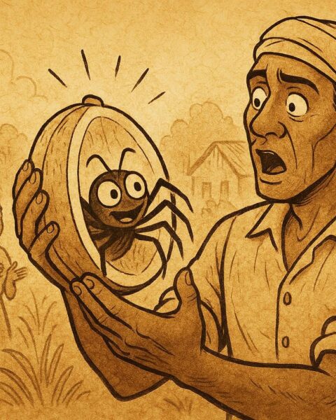 Parchment-style artwork of a Surinamese farmer holding a talking melon with Anansi hidden inside, Afro-Caribbean folktale scene.