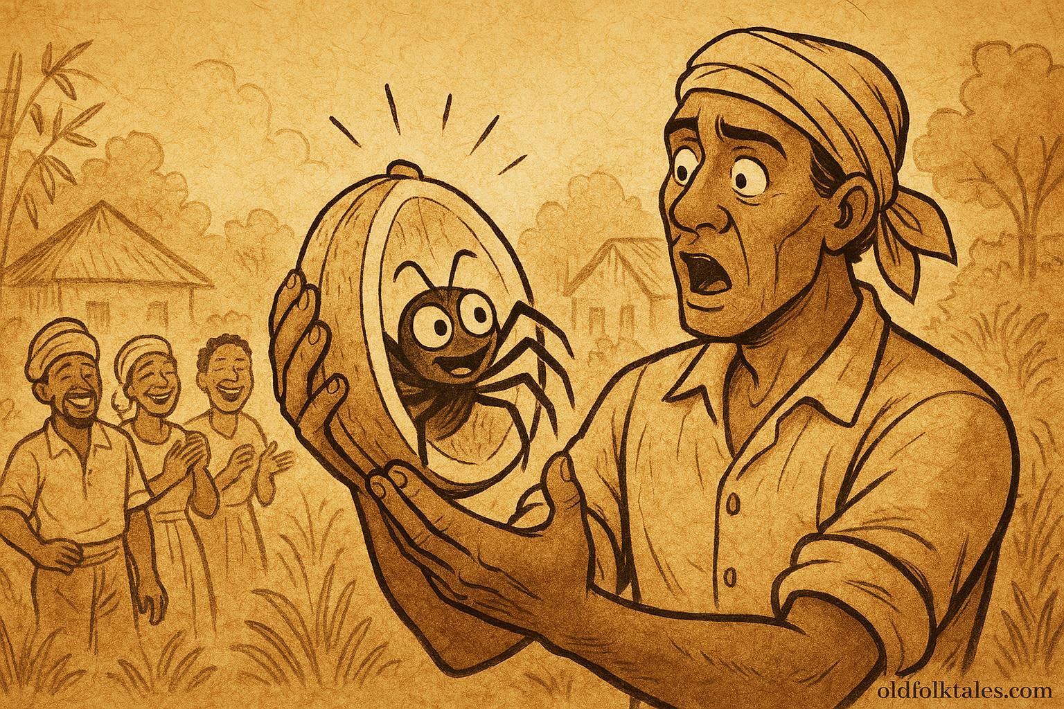 Parchment-style artwork of a Surinamese farmer holding a talking melon with Anansi hidden inside, Afro-Caribbean folktale scene.