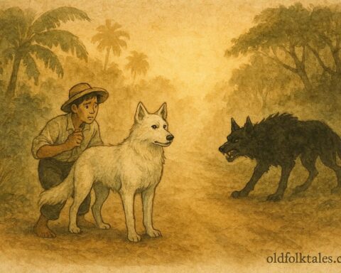 Parchment-style artwork of the white and black Cadejo fighting on a misty Belizean road.