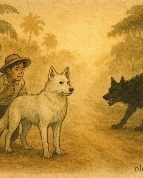 Parchment-style artwork of the white and black Cadejo fighting on a misty Belizean road.