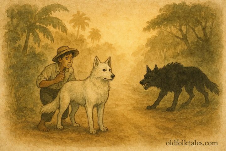 Parchment-style artwork of the white and black Cadejo fighting on a misty Belizean road.