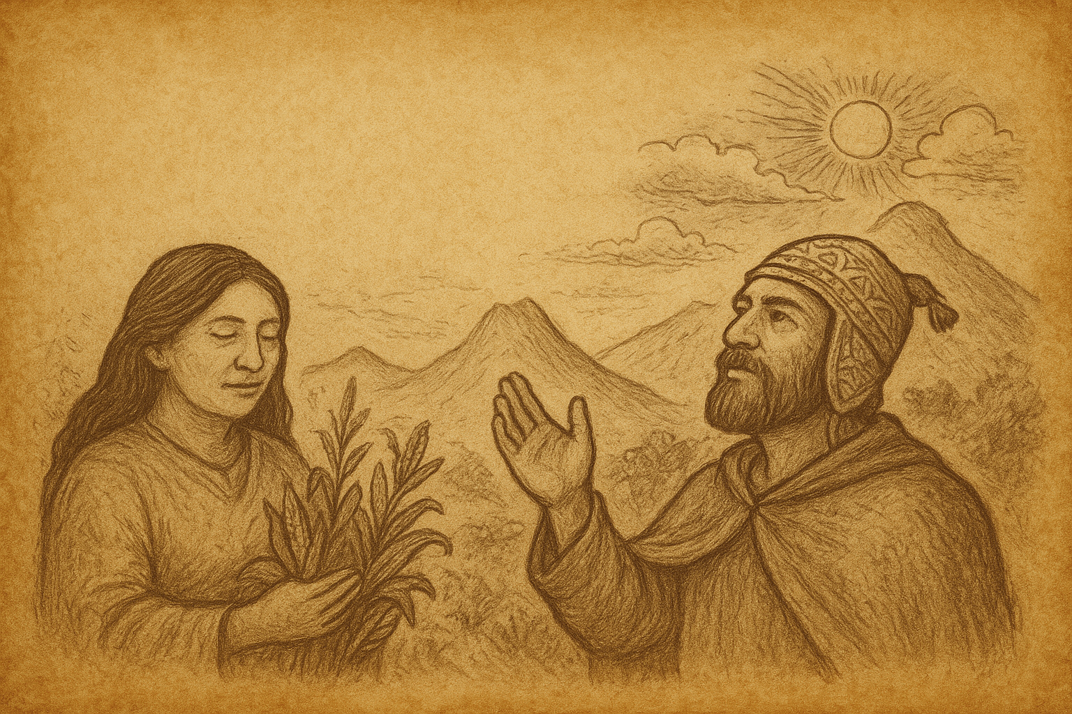 A parchment-style sepia illustration of Pachamama and Pachatata from Andean folklore, showing the Earth Mother holding plants and the Sky Father gazing upward in the Peruvian mountains.