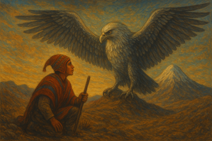 Illustration of a young shepherd kneeling before a giant condor spirit on Sajama Mountain in Bolivia at sunrise.