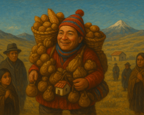 An illustration depicting Ekeko, the Andean god of abundance, standing joyfully in a highland village