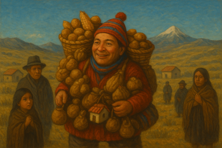 An illustration depicting Ekeko, the Andean god of abundance, standing joyfully in a highland village