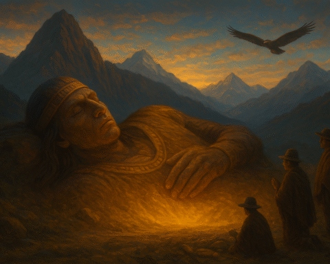 A painting of Inkarri, the legendary Inca king, sleeping beneath the Andes mountains as villagers offer gifts of maize and coca under a golden glow