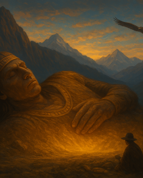 A painting of Inkarri, the legendary Inca king, sleeping beneath the Andes mountains as villagers offer gifts of maize and coca under a golden glow