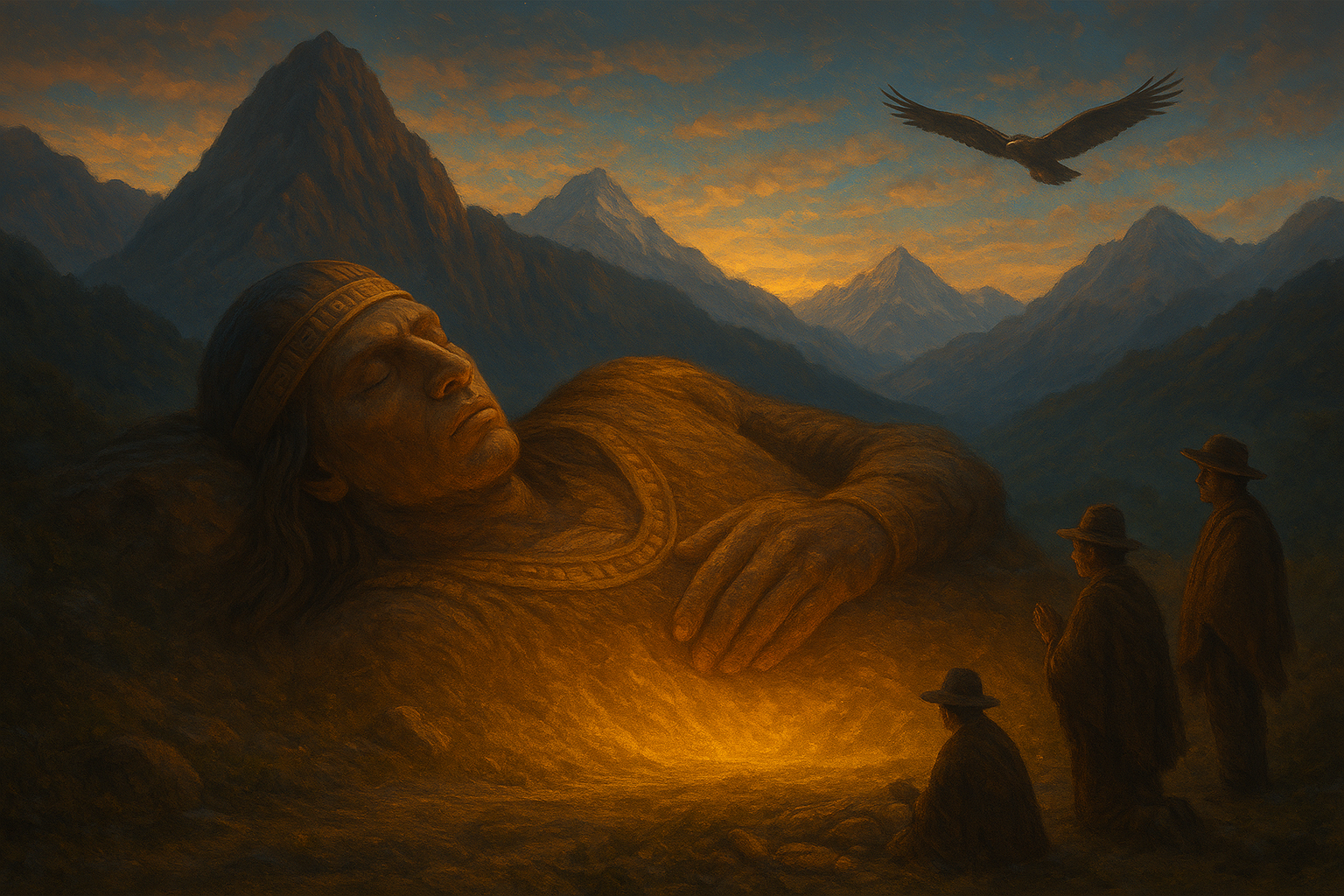A painting of Inkarri, the legendary Inca king, sleeping beneath the Andes mountains as villagers offer gifts of maize and coca under a golden glow