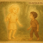 Parchment-style illustration of glowing Jasy Jatere guiding a young Guaraní boy through a lush forest clearing.