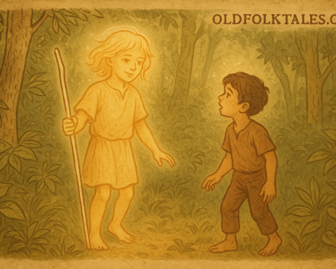 Parchment-style illustration of glowing Jasy Jatere guiding a young Guaraní boy through a lush forest clearing.