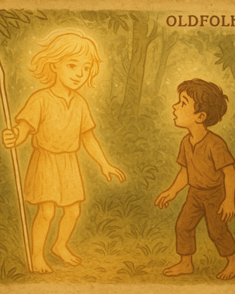 Parchment-style illustration of glowing Jasy Jatere guiding a young Guaraní boy through a lush forest clearing.