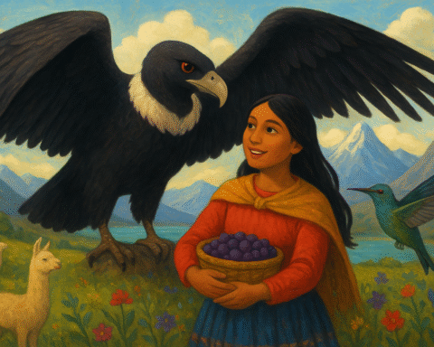 Illustrated Andean folk art showing the chief's daughter with berries, a condor, a hummingbird, and llamas near Lake Titicaca.