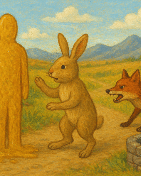 Illustrated Andean folk art , rabbit confronting a sticky resin figure as a fox watches nearby in a mountain landscape.
