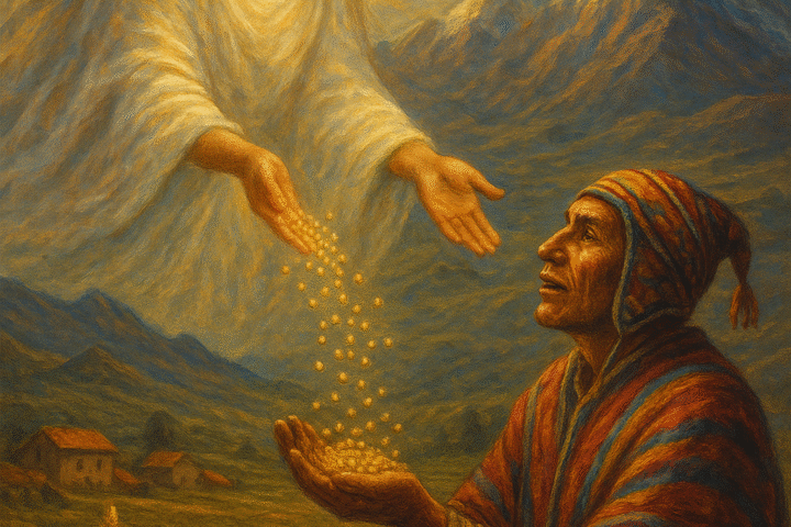 An illustration of radiant Andean spirit in a white robe gives golden quinoa seeds to a kneeling Aymara farmer in the Bolivian mountains.