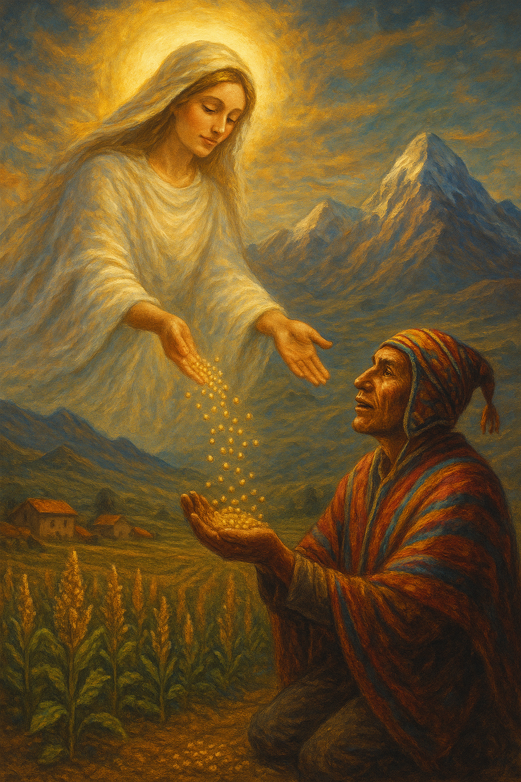 An illustration of radiant Andean spirit in a white robe gives golden quinoa seeds to a kneeling Aymara farmer in the Bolivian mountains.