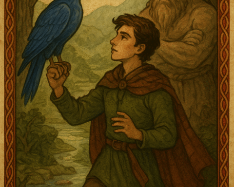 illustration of Ian Direach standing before a radiant blue falcon on a rocky hilltop, with misty highlands and a glowing sunrise in the background.”