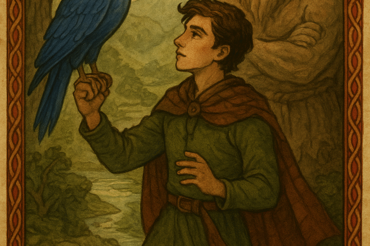 illustration of Ian Direach standing before a radiant blue falcon on a rocky hilltop, with misty highlands and a glowing sunrise in the background.”