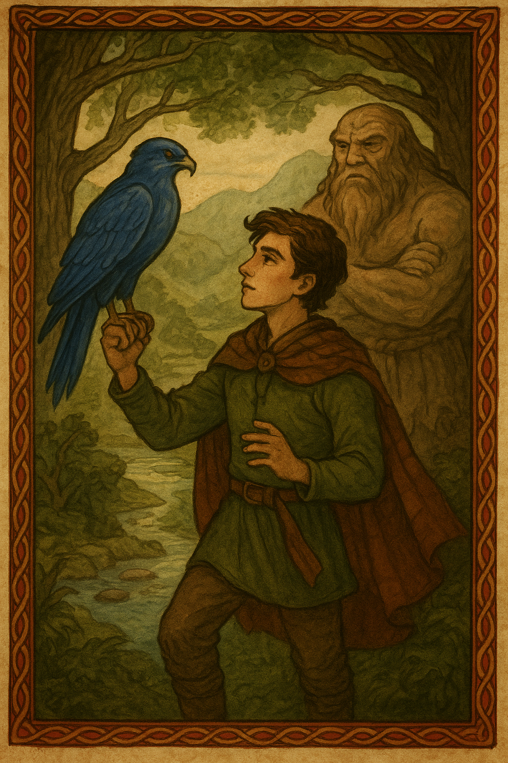 illustration of Ian Direach standing before a radiant blue falcon on a rocky hilltop, with misty highlands and a glowing sunrise in the background.”