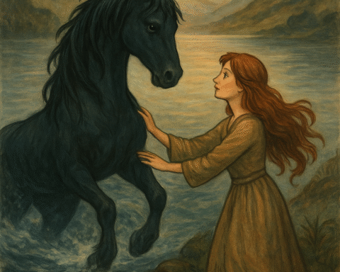 illustration of Màiri, a young Highland woman with flowing red hair, mounting a sleek black water horse beside a misty loch surrounded by hills and reeds.