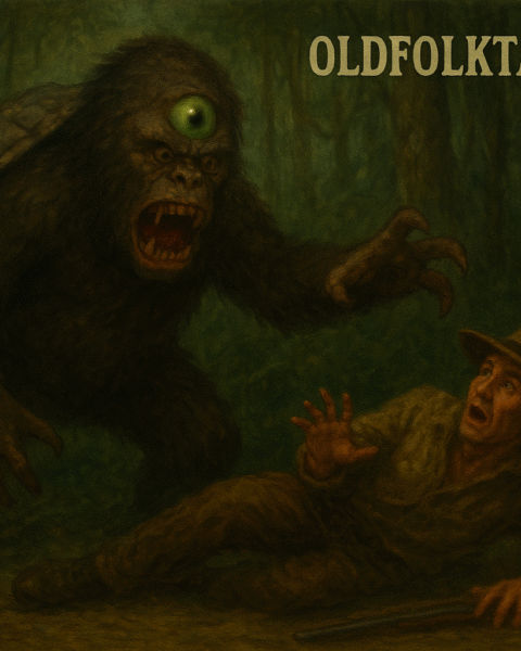 Parchment-style illustration of the Mapinguari confronting a hunter in the Amazon rainforest.