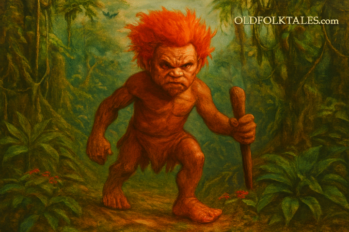 Illustration of Curupira, a forest guardian from Amazon folklore, in a lush rainforest.