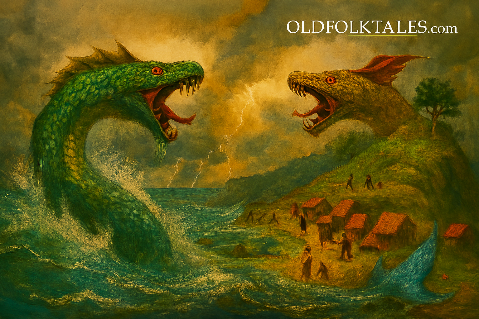 Illustration of two mythical serpents battling over land and sea in Mapuche folklore from Chile.