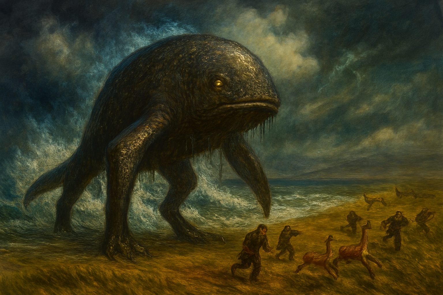 Illustration of a monstrous whale with legs emerging from the sea in Tehuelche folklore from Patagonia.