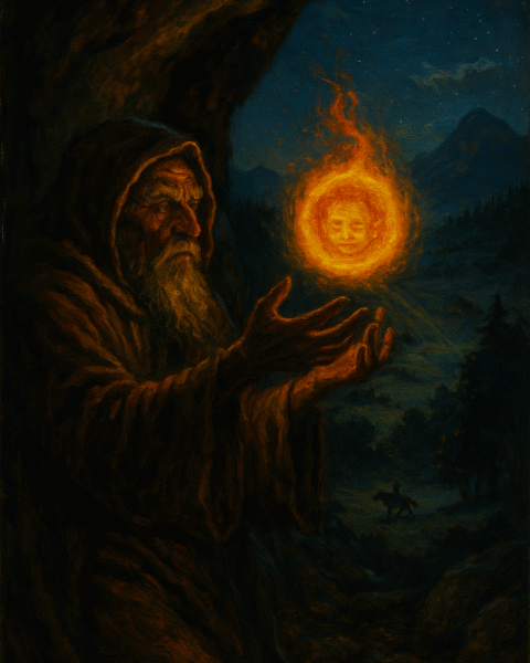 illustration of a Mapuche sorcerer summoning a glowing child-spirit orb in Chilean mountain cave.