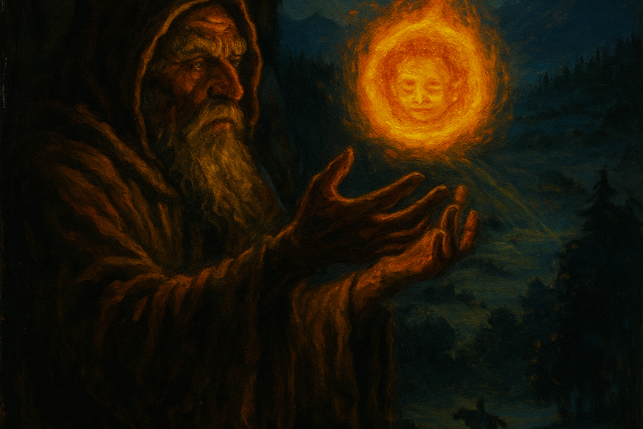 illustration of a Mapuche sorcerer summoning a glowing child-spirit orb in Chilean mountain cave.