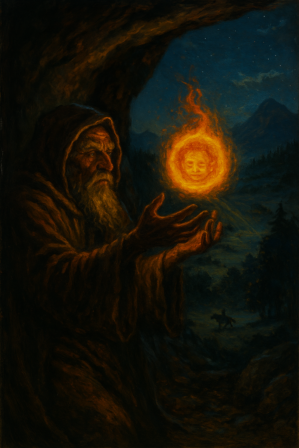 illustration of a Mapuche sorcerer summoning a glowing child-spirit orb in Chilean mountain cave.